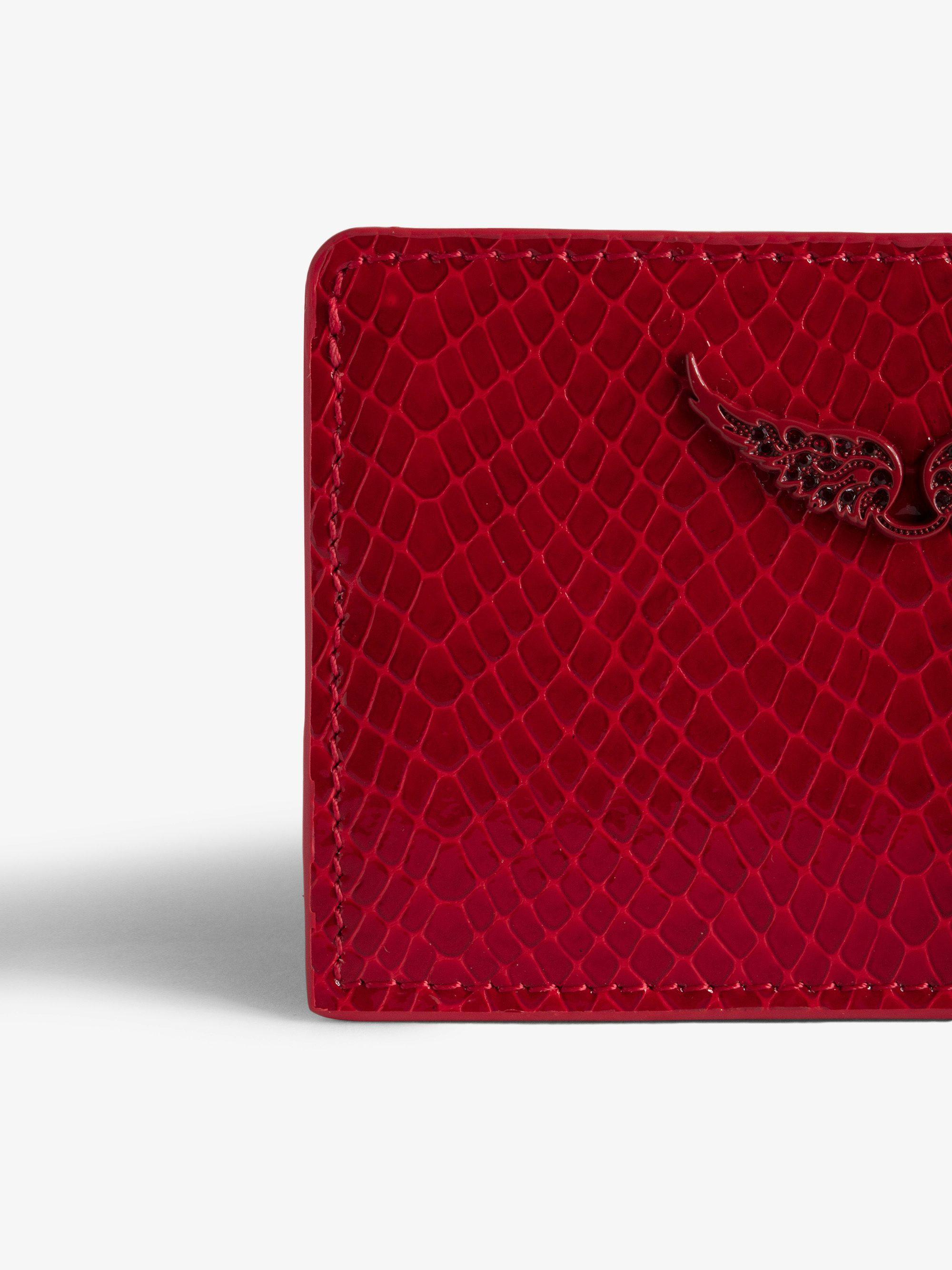 ZV Pass Glossy Wild Embossed Card Holder - Glossy python-effect leather card holder with rhinestone wing charm.